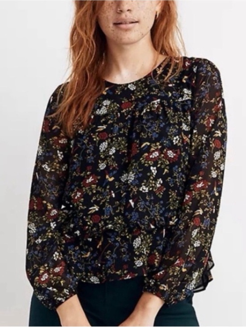 MADEWELL Floral Bird Long-Sleeve Blouse - Black Multi